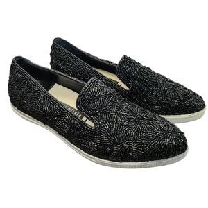 Alice + Olivia Beaded Slip‎ On Sneaker Shoe Black 37.5 Leather Point Toe